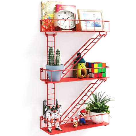 PRICES MAY VARY. UNIQUE STYLE: You can mount the mini escape wall ladder shelf on the wall of your home or office. The special shape of the shelf is very eye-catching. It will make your guests more impressed with the home decoration and emphasize your fashionable taste. The industrial wall shelves made of red metal is a great choice for you to decorate your wall. DIY INSTALLATION: You can try different installation methods, let your imagination run wild. The knick knack shelf can be neatly arran Wall Ladder Decor, Kallax Upcycle, Pastel Office Decor, Funky Shelves, Unique Bathroom Storage, Alaska Decor, Unique Storage Ideas, Fire Escape Shelf, Wall Shelves For Bathroom