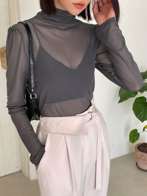 Grey Blouse Outfit, Transparent Shirt Outfit, Sheer Shirt Outfits, High Neck Outfit, Gray Shirt Outfit, Top Gris, Sheer Mesh Top, Layering Outfits, Mesh Sleeves