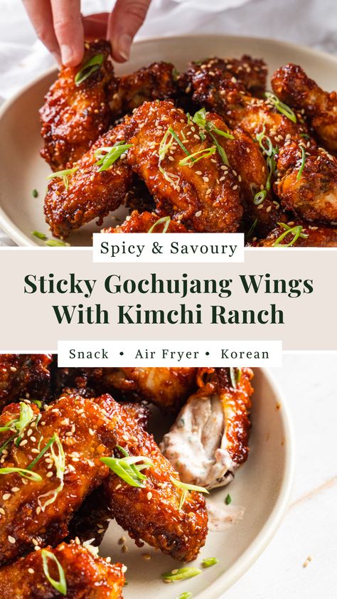 Why are Gochujang chicken wings so good? And what makes Korean wing sauce so unique?  Treat yourself to this spicy, savoury comfort snack – and get ready for some pure Korean inspired magic!   #theculinarycartel #snacks #gochujang #wings #airfryer #koreancuisine Korean Gochujang Chicken Wings, Chicken Wing Meal Prep Healthy, Korean Wings Sauce, Wingstop Spicy Korean Recipe, Gojuchang Wings, Air Fryer Korean Chicken Wings, Saucy Chicken Wings, Unique Wing Sauce Recipes, Chicken Wings Recipes For Dinner