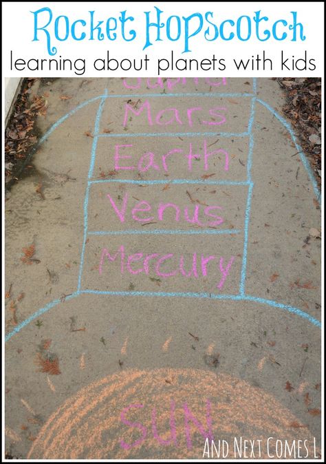 Exploring outer space with rocket shaped hopscotch.  A fun way to learn about planets from And Next Comes L Space Lesson Plans, About Planets, Planets Activities, Solar System Activities, Space Lessons, Space Preschool, Space Unit, Space Camp, Outer Space Theme