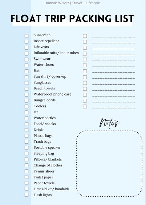 Float trip essentials: the ultimate printable packing list (PDF download) Kayak Packing List, Float Trip Essentials Food, Rafting Trip Packing List, River Day Essentials, Frio River Packing List, Bachelorette River Float, Canoe Trip Packing List, Boat Packing List, Floating The River Essentials