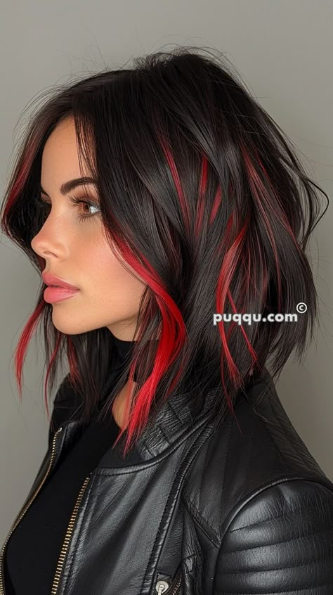 Black Hair with Red Highlights: Perfect Combo for Edgy Vibes Red Highlights Black Hair, Black Hair With Red Tips, Black Hair Red Highlights, Halo Hair Colors, Black Hair With Red Highlights, Short Bleached Hair, Black Red Hair, Edgy Vibes, Black Hair With Highlights