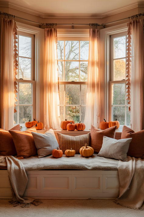 Transform your bay window into a fall focal point with these stunning decor ideas! Layer seasonal wreaths, candles, and rich fabrics to create a warm and inviting space that celebrates autumn. Window Seal Fall Decor, Fall Decor Bay Window, Bay Window Fall Decorating Ideas, Fall Bay Window Decor Ideas, Fall Bay Window Decor, Bay Window Decor Ideas, Bay Window Decorating Ideas, Bay Window Decor, Cozy Window Nook