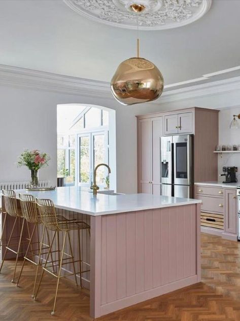 Kitchen décor ideas: pink cabinets Pale Pink Kitchen, White Stone Countertops, Shiplap Cabinets, Kitchen With Shiplap, White Stone Backsplash, Pink Kitchen Cabinets, Gold Pendant Lamp, Pink Cabinets, Tall Stools