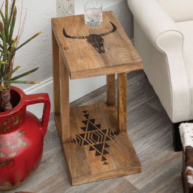 Exclusive Item - Bring a desert touch to your living room with this mango wood side table featuring a longhorn skull and southwest geometrics. 11 3/4"W x 18"D x 23"H. Western End Tables, Western Boho Living Room, Rodeo Decor, Western Room Ideas, Southwestern Furniture, Western Table, Western Room, Rustic Tables, Western Rooms