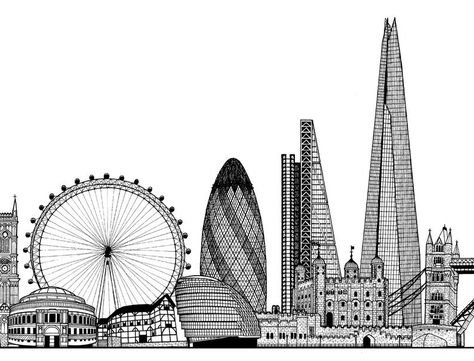 London Buildings Drawings, London Drawing Sketches, London Skyline Drawing, London Eye Drawing, Landmarks Drawing, Uk Drawing, Marathon Tattoo, Gherkin London, London Sketch