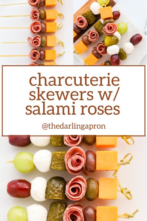 Photos of assembling and finished charcuterie skewers on a white platter. Ravioli Skewers Appetizers, Skewer Charcuterie, Individual Charcuterie Sticks, Salami Rose And Mozzarella Skewers, Mini Charcuterie Cups Diy, Mini Charcuterie Skewers, Toothpick Charcuterie, Salami Flowers Charcuterie, Charcuterie Tooth Picks