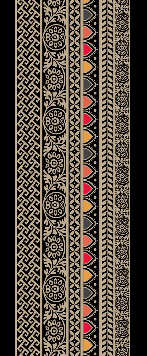 Indian Border Pattern, Geometric Allover Design, Bodar Disain, Mughal Border Design, Boder Patten, Digital Lace Border, Mughal Borders, Ajrakh Border, Patola Border