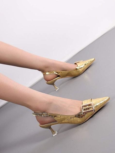 Crocodile Embossed Pyramid Heeled Slingback Pumps | SHEIN USA Elegant Party Slingback Pumps With Gold-tone Hardware, Elegant Gold-tone Slingback Pumps For Party, Gold Slingback Pumps With 4-inch Heel For Party, Luxury Gold-tone Hardware Slingback Pumps For Formal Occasions, Luxury Gold Slingback Pumps With 4-inch Heel, Slingback Pump, Emboss, Women's Pumps, Pumps Heels