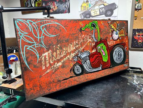 Vintage tool box featuring flying eye and pinstriped design. This tool box has lived a useful life & has a lot of charm, character marks , patina, dents, dings. measures 24 inches x 12 inches x 6 inches Pinstriping Art, Custom Tool Boxes, Vintage Tool Box, Car Part Art, Pinstripe Art, Hot Wheels Garage, Bored Board, Pinstriping Designs, Rat Fink