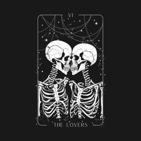 "The Lovers" artwork shows an amazing image of kissing skeletons. This unique interpretation of the classic Tarot card takes our imagination to the land of balance, love and transcendence. The Lovers Tarot Meaning, Wedding Tarot, Tarot Card Lovers, Tarot The Lovers, The Lovers Card, Tarot Cards Art Illustration, Traditional Tattoo Drawings, Lovers Tarot Card, Tarot Card Tattoo