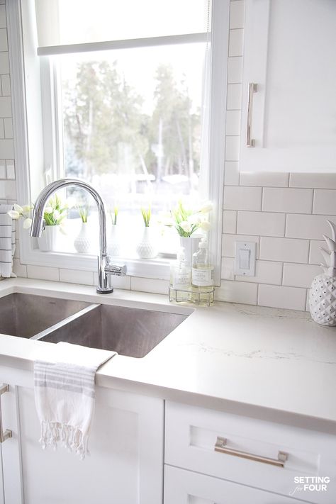 Kitchen stainless steel under mount sink with Delta Trinsic pulldown faucet in chrome. #stainlesssteel #doublebowl #sink #pulldown #kitchen #faucet White Cabinets Quartz Countertops, Under Mount Sink, Kitchen Refacing, Delta Trinsic, Bak Cuci Piring, Replacing Kitchen Countertops, Kitchen Stainless Steel, White Kitchen Remodeling, Kitchen Remodel Before And After