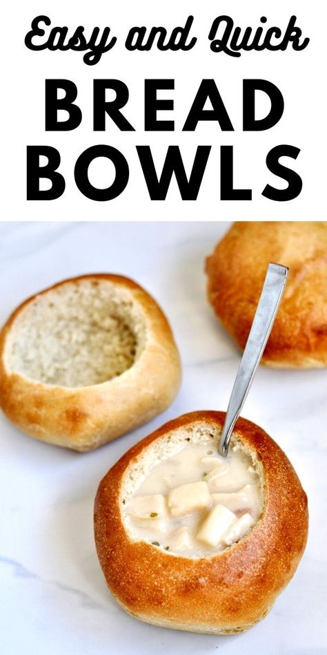 Easy and quick homemade bread bowls recipe. Learn how to make fluffy mouthwatering homemade bread bowls from scratch at home! It's much easier than you think and tastes delicious with homemade soup or even canned soup. Now you can enjoy breadbowls at home, not just at your favorite restaurant! Bread Bowl Soup Recipes, Quick Homemade Bread, Bread Bowls Recipe, Bread Bowl Soup, Homemade Bread Bowls, Bread Bowl Recipe, Canned Soup, Thanksgiving Desserts Easy, Quick Easy Desserts