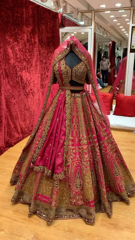 sudhirbhaisareewala on Instagram: Based on pure raw silk dyed a beautiful coral red, the outfit is meticulously hand embroidered using techniques of zardosi and aari with… Saree For Reception Brides, Red Lehenga With Gold Embroidery For Festivals, Red Lehenga With Gold Embroidery For Wedding, Gold Bridal Lehenga With Red Dupatta, Golden Red Lehenga, Red Gold Bridal Lehenga, Indian Wedding Reception Outfits, Wedding Matching Outfits, Latest Bridal Lehenga Designs