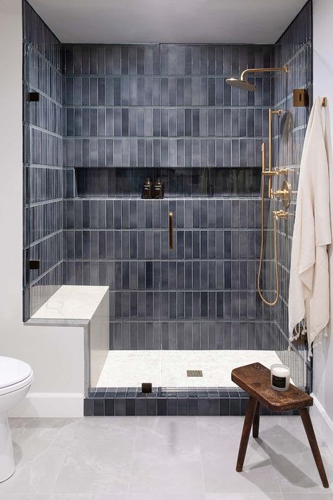 Grey Tones Bathroom Ideas, Blue Tile In Bathroom, Modern Tiled Shower Ideas, Blue Tile Showers, Navy Blue Shower Tile, Grey Tile Bathroom, Blue Grey Bathroom, Blue Tile Bathroom, Townhouse Bathroom