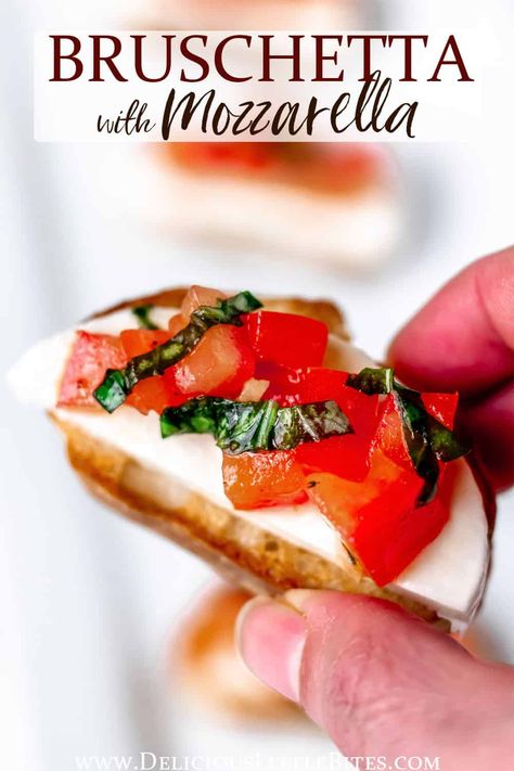 Bruschetta with Mozzarella Cheese is a quick, easy, and delicious Italian appetizer. All you need is 6 ingredients and about 15 minutes to make this fresh, classic recipe. | #bruschetta #italianfood #appetizer #snack Bruschetta With Mozzarella, Mozzarella Bruschetta, Italian Appetizer, Slow Cooker Meatballs, Savory Salads, Best Appetizer Recipes, Finger Foods Easy, Italian Appetizers, Hummus Recipe