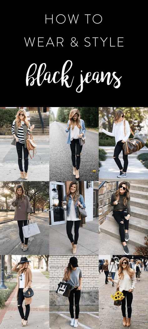 what to wear with black jeans, how to wear black jeans, black jeans outfit ideas, outfits with black jeans Looks Jeans, Jeans Outfit Fall, Mode Tips, 30 Outfits, Black Jeans Outfit, Fall Jeans, Outfit Jeans, Fashion Jeans, Stil Inspiration