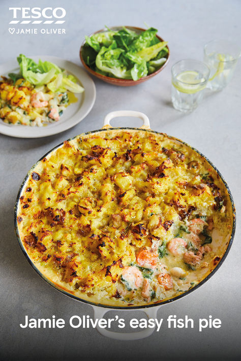 Warm and comforting, Jamie's easy fish pie is just what you need on these chilly January evenings. | Tesco Fish Pie Recipes, Fish Pie Recipe Jamie Oliver, Fish Pie Recipe Easy, Fish Pie Jamie Oliver, Fish Pie Recipe, Studio Storage, Tesco Real Food, Fish Pie, Jamie Oliver Recipes