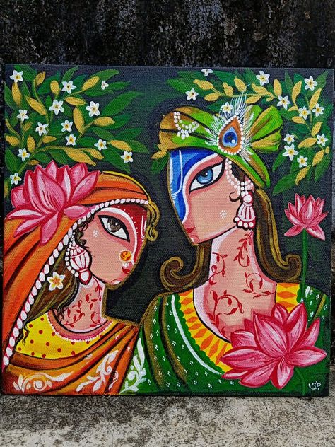 Radha Krishna Art Paintings, Radha Krishna Abstract Art, Madhubani Art Krishna, Indian Art Paintings Easy, God Painting Indian, Canvas Indian Art, Modern Indian Art Paintings, Radha Krishna Madhubani Painting, Cultural Drawing