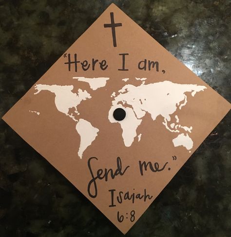 #graduationcap #BibleVerse #graduate #graduation #graduating #cap #capandgown #capdecoration #hereiamsendme #diy #jesus #christian #schoolgraduation #ucirvine College Grad Cap Ideas Christian, Senior Cap Ideas Christian, Christian Cap Decoration Graduation, Grad Cap Christian, Cap Decoration Graduation God, Grad Cap Ideas Bible Verses, Graduation Cap Christian, Christian Grad Cap Ideas, Christian Cap Decoration