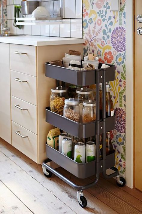 Head Turning Farmhouse Kitchen IKEA Hacks - The Cottage Market Raskog Ikea, Ikea Raskog Cart, Ikea Raskog, Apartment Storage, Small Kitchen Organization, Small Pantry, Ideas Para Organizar, Diy Kitchen Storage, Rolling Cart