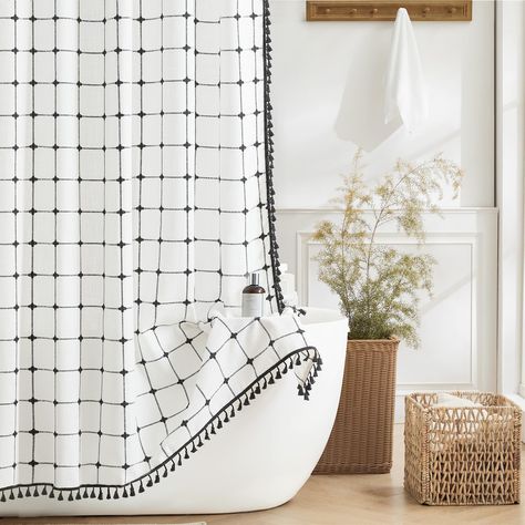 PRICES MAY VARY. Boho Farmhouse Shower Curtain: This shower curtain combines modern and rustic styles, making it an ideal choice for various bathroom décors, including vintage, retro, or luxury gothic aesthetics. Its unique blend of boho and farmhouse elements adds charm and character to any bathroom. Linen Shower Curtain with Cloth Fabric: Made from premium linen Material, this cloth shower curtain Liner is not only high-quality but also durable. Its durable construction prevents moisture and d Narrow Shower Curtain Ideas, Black And White Tile Bathroom With Shower Curtain, Black & White Shower Curtain, Shower Curtains For Black And White Bathroom, Boy Bathroom Shower Curtain, Guest Bathroom Ideas With Shower Curtain, Earth Bathroom Decor, Bathroom Decor Black And Grey, Shower Curtains To The Ceiling