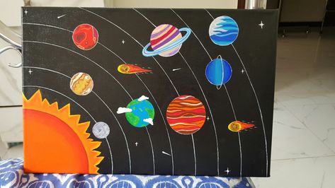 solar system acrylic painting on canvas 12x18 for sale at sanober arts dm for details Solar System Painting Canvas, Solar System Projects Drawing, 2d Solar System Project, Planets Painting Acrylic, Solar System Painting Acrylic, Solar System Painting Easy, Solar System Drawing Simple, Solar System Drawing For Kids, Picture Of Solar System