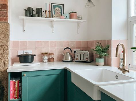 Delila Created A Classic Metro Backdrop To Her Industrial Kitchen - Walls and Floors Pink Kitchen Tiles, Pink And Green Kitchen, Turquoise Cabinets, Colourful Kitchen, Wednesdays We Wear Pink, Cosy Kitchen, Ikea Ivar, Victorian Tiles, Kitchen Transformation