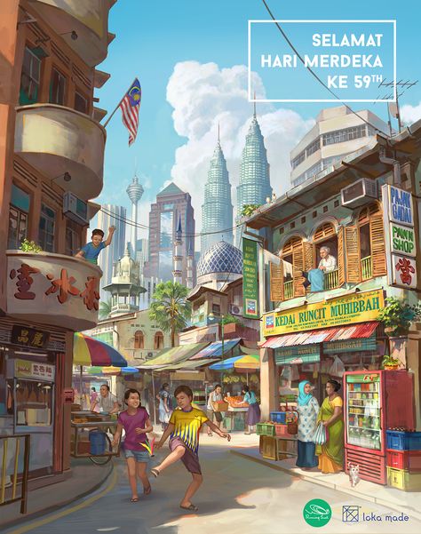 Merdeka Illustration, Malaysian Art, Malaysia Merdeka, Anime City, Building Illustration, 4 Wallpaper, City Drawing, Sketch Artist, Perspective Art