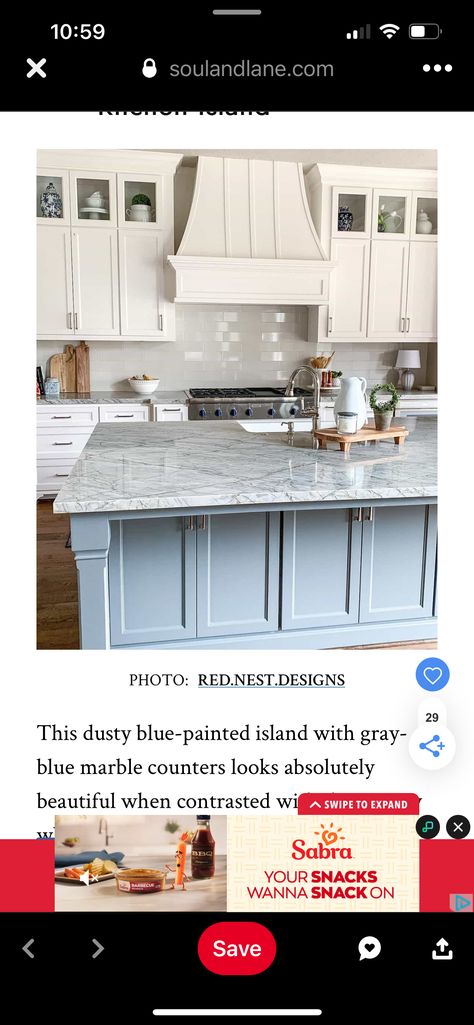 Kitchen Cream Cabinets, Blue Island Kitchen, Kitchen Cream, Painted Island, Blue Kitchen Island, Cream Cabinets, Marble Counter, Island Kitchen, Blue Island