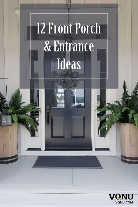 A welcoming front porch with a classic black door, elegant wreath, stylish planters, and a chic doormat. The setup creates a charming and inviting entrance. Front Door Ideas Entrance Inside, Front Door Way Ideas, Front Entrance Design Ideas, Front Porch Doors Entrance, Modern Front Porch Design Entrance, Front Entrance Doors With Sidelights, Recessed Front Door Entrance Porch, Exterior Front Door Ideas Modern, Front Door With Side Windows Entrance