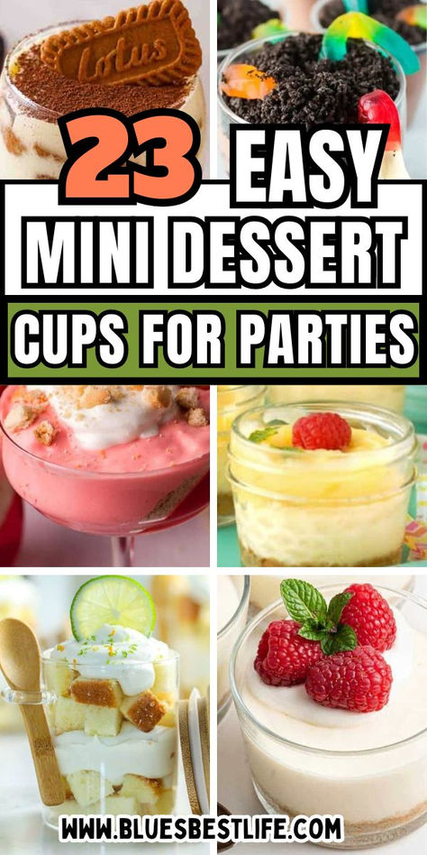 A collection of mini dessert cups for parties Bitesize Desserts, Mini Dessert Ideas, Desserts In A Cup, Simple Recipe Ideas, Fancy Desserts Presentation, Cheesecake Deserts, Mini Dessert Easy, Dirt Cups Recipe, No Bake Recipes