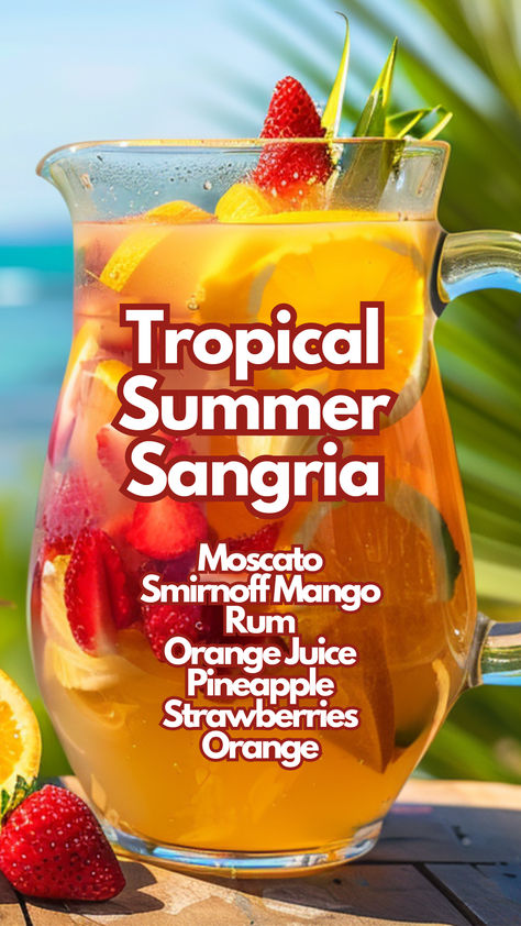 Tropical Summer Sangria Summer Cocktail Punch Recipes, Fruit Cocktail Drinks Recipes, Summer Punch Alcohol, Summer Drink Recipes Alcoholic, Sparkling Sangria Recipes, Refreshing Summer Drinks Alcohol, Sangria Recipes Easy, Summer Alcoholic Drinks, Summer Mixed Drinks