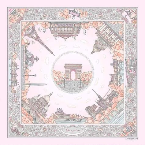 Pastel pink silk twill scarf made in France. Size 27x27". Hand rolled hem.Theme: Paris monuments. Scarf by ANNE TOURAINE Paris™ (1) Design Tudung, Hijab Design, Scarf Photography, Pastel Scarf, Print Scarf Design, Bullet Bike, Pattern Scarf Silk, Pink Silk Scarf, Silk Scarf Design