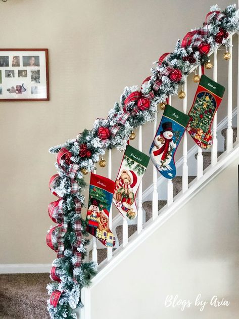 Stockings On Staircase, Flocked Garland, Christmas Staircase Decor, Hanging Christmas Stockings, Christmas Staircase, Christmas House Lights, Elegant Christmas Decor, Christmas Fireplace Decor, Christmas Decorations For Kids