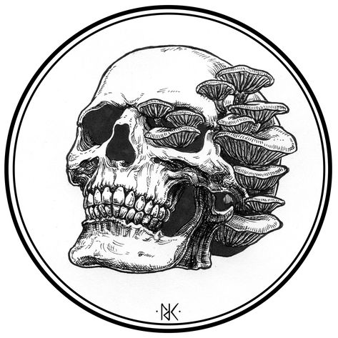 ArtStation - overgrown, Nona Daria Karnowska Overgrown Skull Drawing, Mushroom Art Tattoo, Overgrown Skull Tattoo, Skull With Mushrooms Drawing, Overgrown Skeleton, Skulls With Mushrooms, Creepy Mushroom Drawing, Mushroom Skull Tattoo, Overgrown Skull