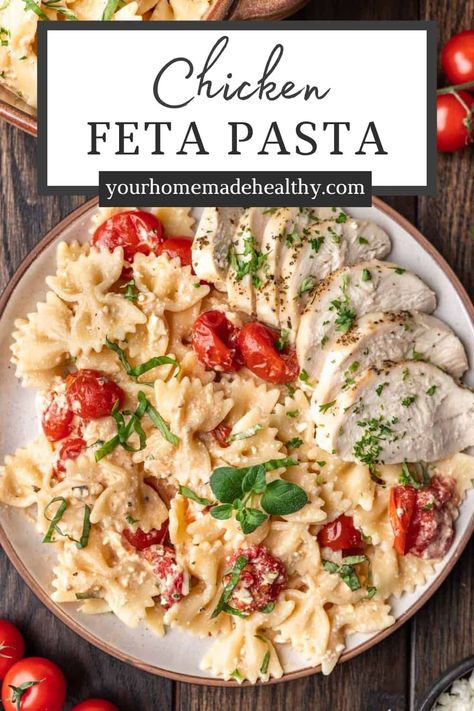 This Chicken Feta Pasta is the perfect weeknight casserole dish. Baked feta cheese, oven-roasted cherry tomatoes, and juicy chicken breasts tossed together with al dente pasta to create a creamy, comforting meal the whole family will love. Chicken Feta Pasta Recipes, Rotisserie Chicken Feta Recipes, Chicken Spaghetti With Roasted Tomatoes, Chicken Tomato Feta Pasta, Feta Pasta Bake With Chicken, Chicken Feta Casserole, Feta Tomato Pasta With Chicken, Chicken With Feta Cheese, Chicken Feta Tomato Recipe