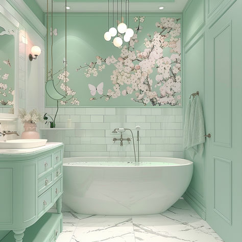 Mint Green Bathroom with Large Soaking Tub Mint Bathroom Decor, Mint Green Bathroom Ideas, Mint Green Tile Bathroom, Unrealistic House, Mint Green Bathroom, Mint Green Furniture, Seafoam Green Bathroom, Large Soaking Tub, Mint Green Bathrooms