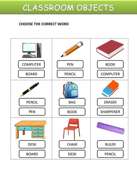 School supplies interactive exercise for 1ST. You can do the exercises online or download the worksheet as pdf. School Supplies Activities For Kids, School Objects Activities, Classroom Objects Worksheet, School Objects Worksheet, Classroom Vocabulary, School Objects, Classroom Objects, Worksheet Preschool, Materi Bahasa Inggris