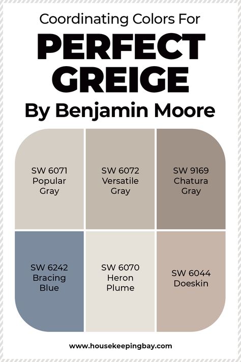 Coordinating Colors For Perfect Greige Perfect Greige Color Palette, Perfect Greige Coordinating Colors, Perfect Greige Sherwin Williams Coordinating Colors, Greige Color Combinations, Coordinating Paint Colors For Home, Greige And Blue Living Room, Perfect Greige Color Scheme, Sw Greige Paint Colors, Sw Perfect Greige