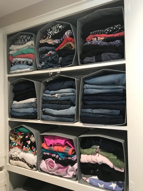 Blue Jean Organization Ideas, Storage Containers Organizing Closet, Lazy Closet Organization, Organize Jeans On Shelf, Deep Storage Closet Organization, Jeans In Closet Organize, Closet Organization Ideas Pants, Jeans Storage Ideas Organizing, Closet Organization Jeans