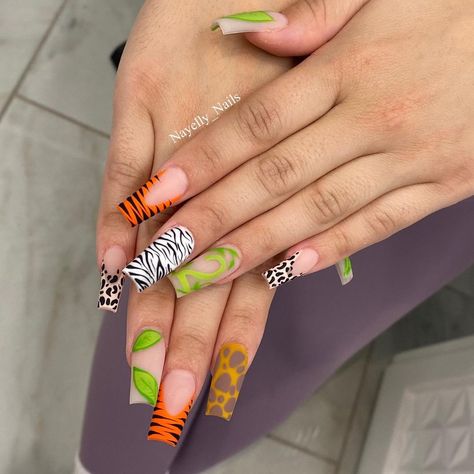 NAYELLY_NAILS ❁ on Instagram: “Safari theme nails for her sons 2nd birthday 🐯🦁🦒🦓🐆 @valentinobeautypure Classic Nude @valentinobeautypure Gel polishes Use code: Nayelly10” Safari Theme Nails, Nails Long French Tip, Coffin Nails French Tip, Nayelly Nails, Nails Almond French Tip, Nails Coffin French Tip, Coffin French Tip Nails, Coffin Nails French, French Tip Nails Long