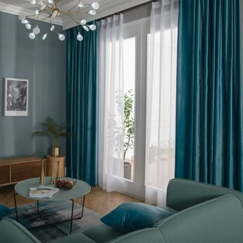 100 Curtain Ideas To Dress Your Home To Dress Your Home | Decoholic Teal Blue Living Room, Velvet Curtains Living Room, Blue Curtains Living Room, Teal Curtains, Romantic Bedroom Decor, Blue Curtains, Curtains Living, Curtain Ideas, Living Room Decor Cozy