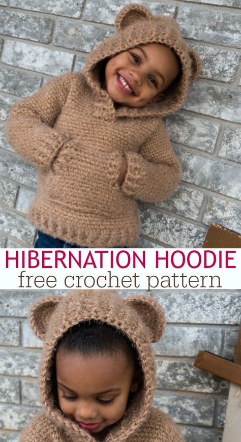 Have I mentioned that I am in LOVE with the Hibernation Hoodie?! The CHILD sizes are free crochet patterns! Make one for yourself and your little one. Crochet Hoodie, Crochet Baby Sweater, Baby Sweater Patterns, Irish Crochet Dress, Crochet Sweater Pattern Free, Pull Bebe, Crochet Baby Boy, Crochet Baby Girl, Crochet Amigurumi Free Patterns