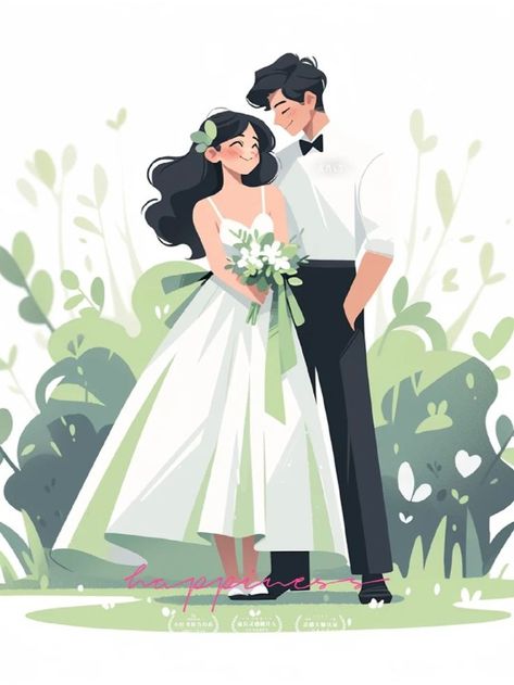 Wedding Card Cartoon Couple, Wedding Portraits Illustration, Wedding Card Couple Illustration, Wedding Cards Illustration, Wedding Drawing Reference, Wedding Cartoon Illustration, Couple Dancing Illustration, Wedding Drawing Couple, Wedding Couple Drawing