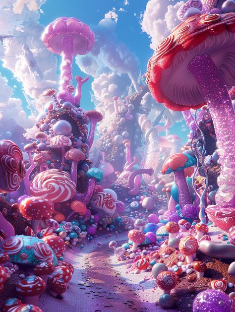 a fantasy world full of marshmallows and candy, in the style of vivid landscapes, mushroomcore, realistic color schemes, whimsical shapes, vray, vibrant neo-traditional, swirling vortexes --v 6 Candy Land Fantasy Art, Candy Land Concept Art, Candy World Aesthetic, Dnd Art Landscape, Candy Land Drawing, Candy Landscape, Imagination World, Candy Forest, Candy World