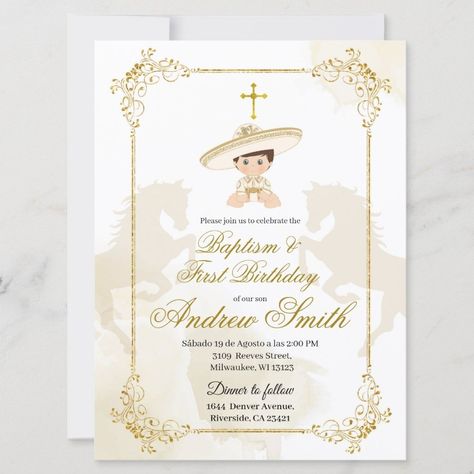 Spanish Mexican Gold Charro Baptism & Birthday Invitation  Zazzle Charro Theme Party For Boys, Charro Decorations, Charro Theme Party, Charro Invitations, Charro Baptism, Bautizo Ideas Boy, Bautizo Ideas Decoracion, Charro Theme, Horse Invitations