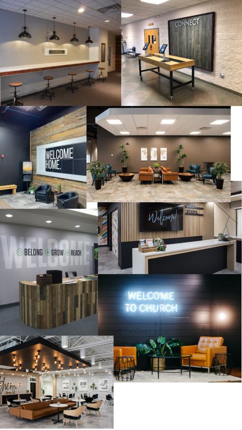 Youth Group Decorating Ideas, Welcome Center Church Ideas, Church Foyer Ideas, Church Welcome Center Ideas, Church Entryway Decor, Church Youth Room Ideas, Youth Room Ideas Church, Small Church Stage Design, Church Lobby Design