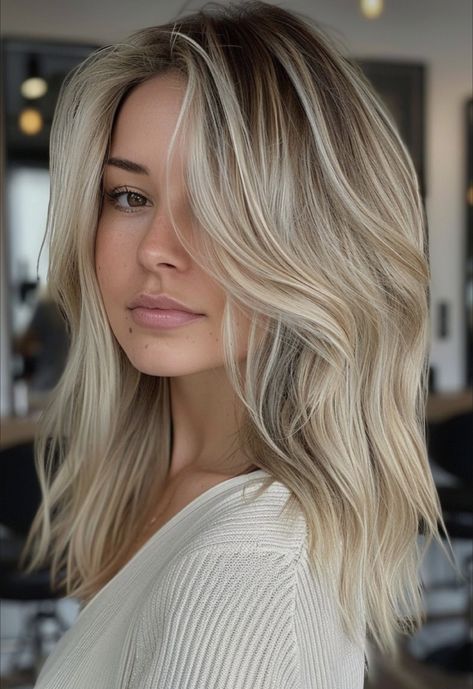 Ash Blonde Hair Shadow Root, Collarbone Length Hair With Side Part, Blonde Bob With Shadow Roots, Medium Length Blonde Hair With Lowlights, Soft Dimensional Blonde, Fall Bronde Balayage Shoulder Length, Blonde Balayage 2024, Blonde For Brown Eyes, Collar Bone Length Hair Blonde