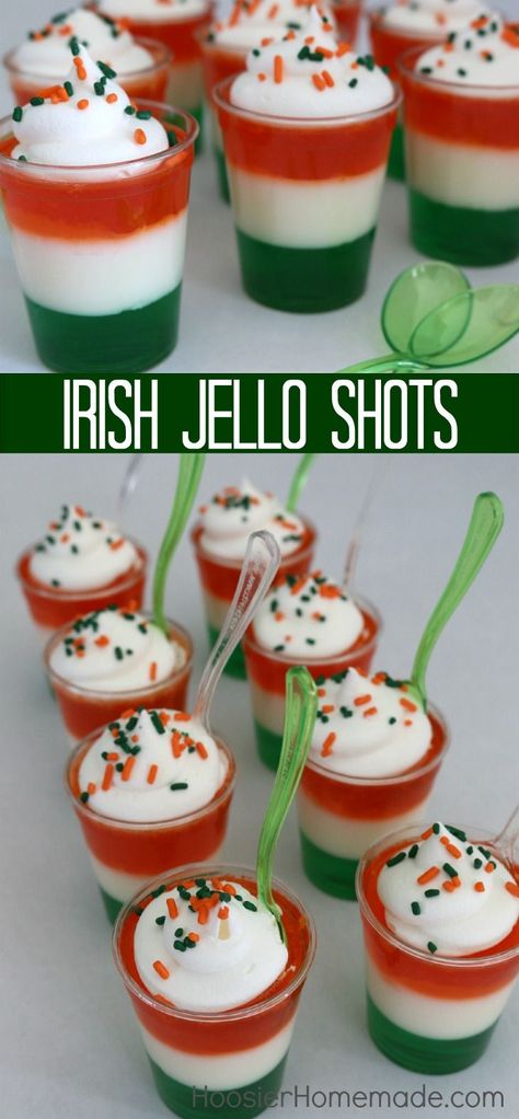 Irish Jello Shots - this fun St. Patrick's Day Treat can be made with or without alcohol. A little goes a long way in making these Jello Shots in colors of the Ireland Flag. Pin to your Recipe Board! Irish Flag Jello Shots, Irish Jello Shots, Flag Jello, Ireland Party, Shots Drinks, Jello Cups, St Patties, Fete Saint Patrick, Dessert Shots